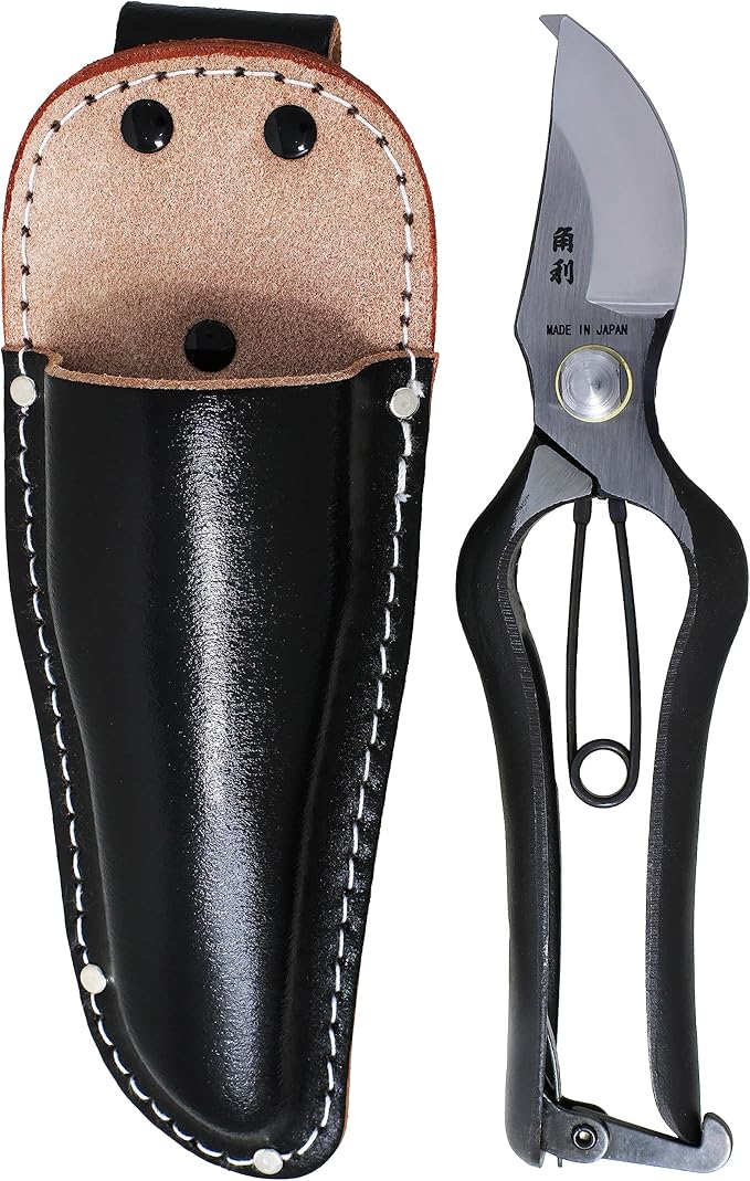 KAKURI Japanese Pruning Shears for Gardening Heavy Duty 8", Made in JAPAN, Professional Garden Bypass Pruners with Leather Sheath, Hand Forged Japanese Carbon Steel, Black