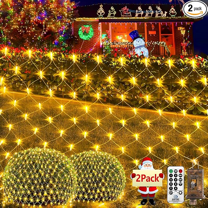 KNONEW 2-Pack 360 LEDs Christmas Net Lights 13ft x 6.6ft Outdoor Mesh Connectable Waterproof 8 Modes & Timer Plug-in Fairy Lights for Bushes Garden Party Wedding Holiday, Warm White