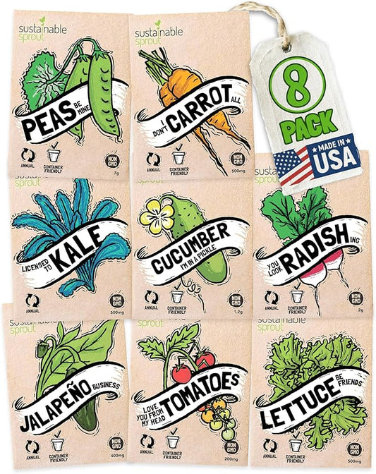 Garden Seeds for Planting Vegetables: 8 Organic Vegetable Seeds Variety Pack Planting Indoors & Outdoor, Veggie Bell Pepper, Zucchini, Kale Cucumber Peas & More Hydroponic Seeds by Sustainable Sprout