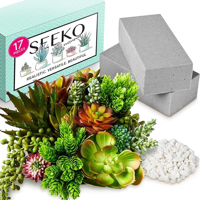 Succulents Plants Artificial (17 Pack) - Realistic Unpotted Fake Succulents - Faux Plants Decor for DIY - Includes a Premium Set of Stones and Floral Foam Blocks