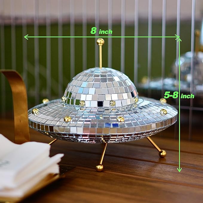 UFO Disco Ball Silver Disco Ball Decor Disco Spaceship Retro Reflective Décor Mirror Decorations for Home,Party,Garden,Handmade Gift (8 * 6inch)