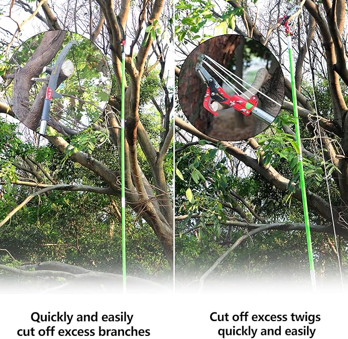 7-27 Feet Pole Saws for Tree Trimming, tree trimming manual branch trimmer set, extendable hand saw, long-handled trimmer with storage bag attachment.Green.