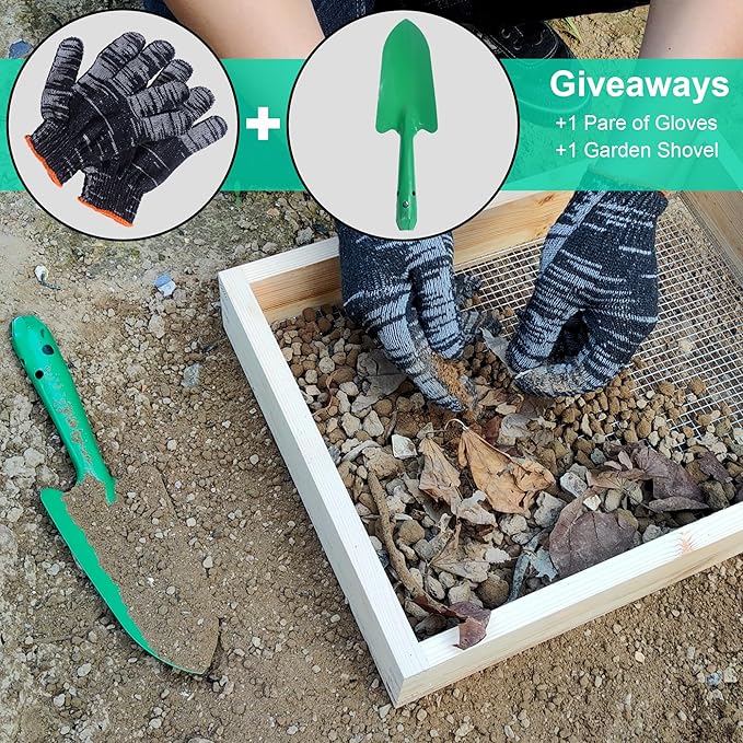 15.74" x 11.81" Soil Sifter - Steel Wire Mesh & Natural Wood Dirt Sifter for Gardening - Compost, Rock, & Dirt Sifter Tool with Gloves and Trowel- Essential Garden Tool for Flower & Vegetable Planting