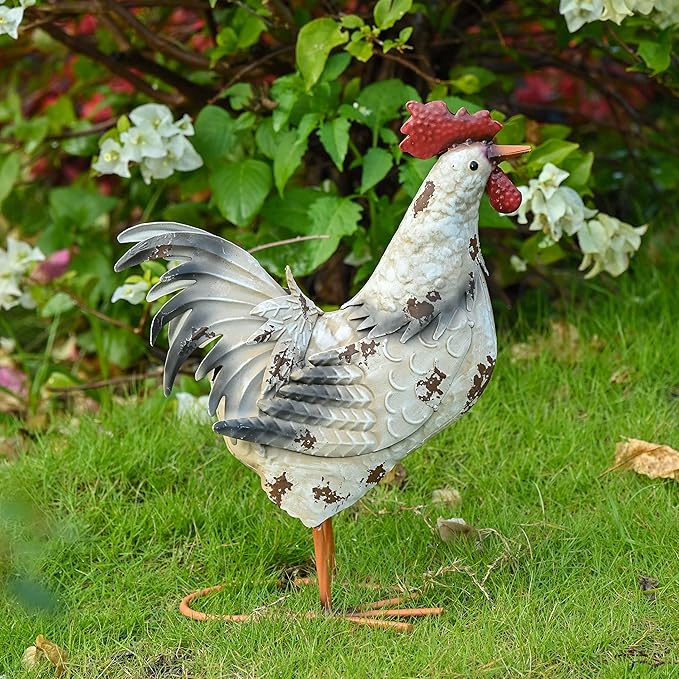 TERESA'S Collections Farmhouse Metal Rooster Garden Statues Decor, 15 Inch Rustic Outdoor Chicken Sculpture Figurines Yard Art for Farm Patio Lawn Kitchen Decorations,Spring Decor, Gift for Mom