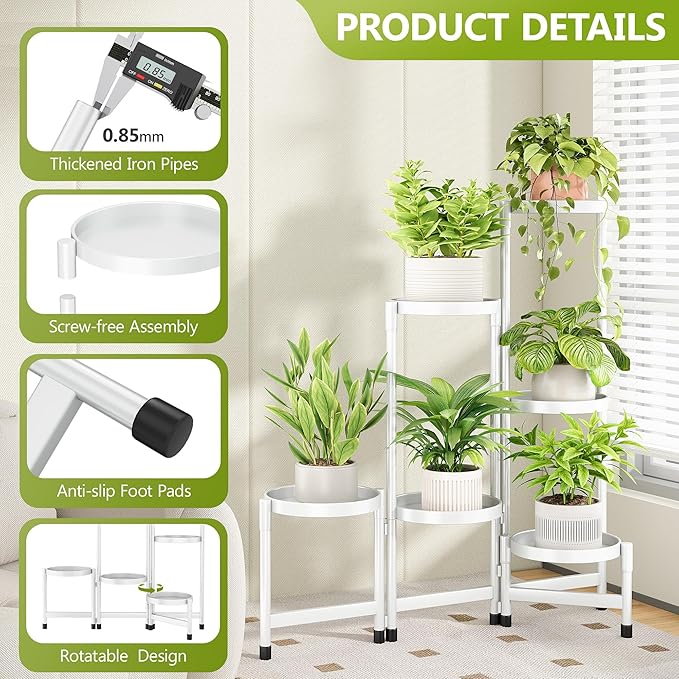 6 Tier Metal Plant Stand Indoor, Rotatable Corner Plant Shelf Outdoor, Tiered Flower Pot Display Stand, Black Multiple Plants Holder for Patio Living Room Balcony Garden Home Decor - White