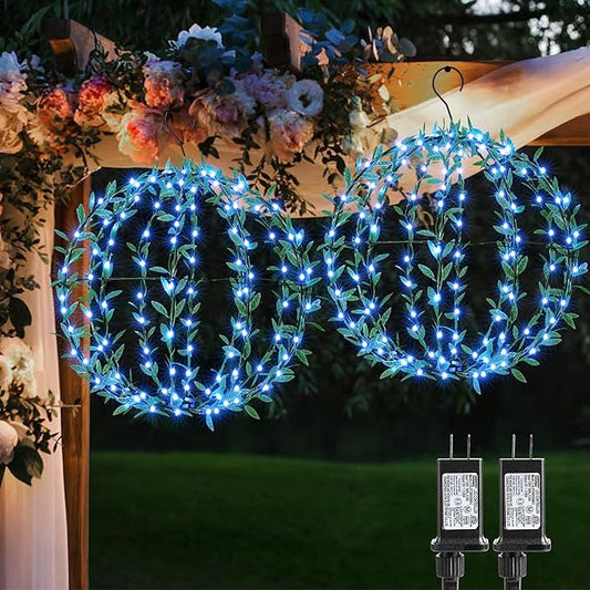 Flacchi Hanging Iron Sphere Lights with Artificial Greenery – 12Inch 120 LED Waterproof Outdoor/Indoor Decor Ball Light with Timer & 8 Modes – 2 Pack for Garden, Christmas, Weddings (Blue)