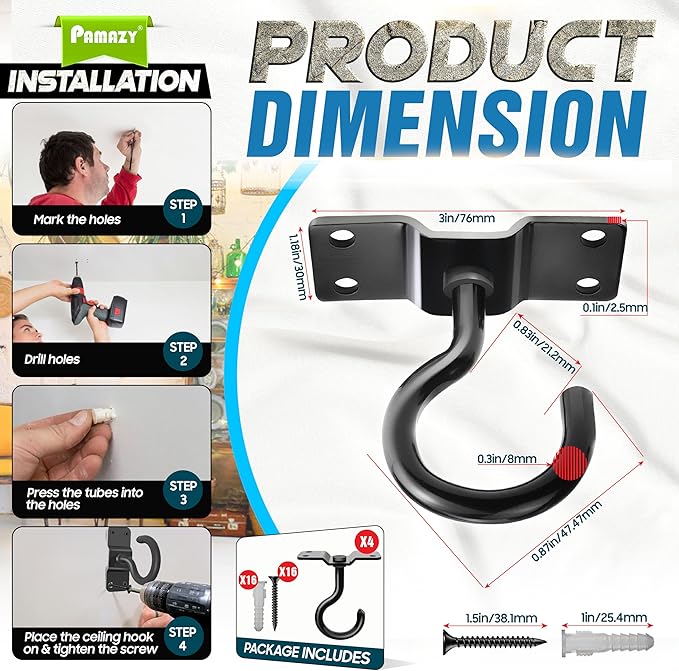 [UPGRADED] 4Pcs 200LBS Rotatable Ceiling Hooks with 4 Screw Points Base, Wall Mount Metal Hanger Black Ceiling Hook for Hanging Plant, Bird Feeder, Lights, Bed Canopy, Wind Chime, Indoor Outdoor Decor