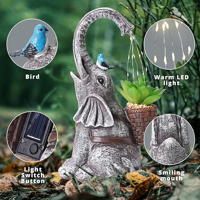 Solar Elephant Watering Effect LED Lights Garden Statue, Outdoor Garden Decor for Lawn, Balcony, Yard, Gifts for Mom, Grandma, Wife