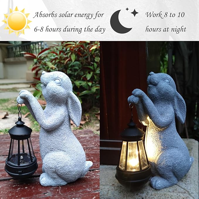 Rabbit Solar Garden Outdoor Statues,Resin Rabbit Figurine Decorations with Solar Lights Lantern, Outdoor Rabbit Art Decor for Lawn,Yard, Unique Housewarming Gift for Garden Home