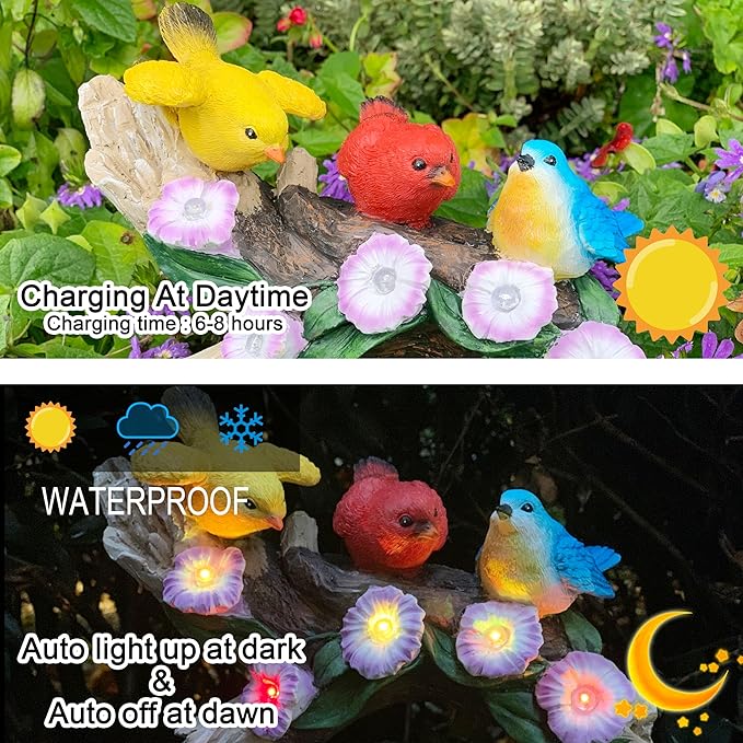 Malister Bird Figurines with Color Changing Solar Light Garden Decor, Outdoor Decor Garden Statues, Gnome Decor Garden Art Outdoor Statues Patio Decor Lawn Yard Art, Statue Gifts