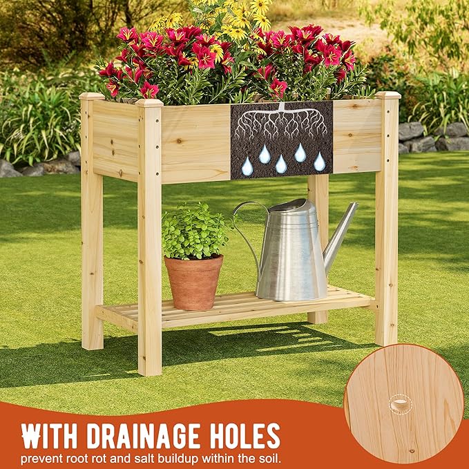 GHWIE Raised Garden Bed with Legs, Elevated Wooden Planter Box with Shelf,Large Garden Planter Outdoor for Backyard, Patio, Balcony