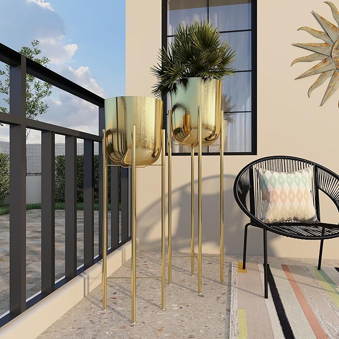 CosmoLiving by Cosmopolitan Metal Indoor Outdoor Planter Tall Indoor Outdoor Dome Large Planter Pot with Removable Stand, Set of 2 Planters 39", 46"H, Gold