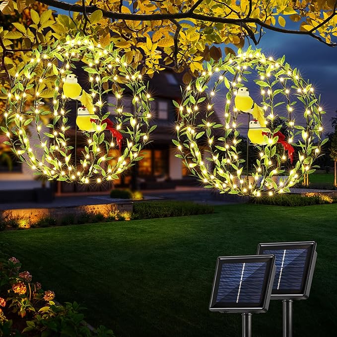 Joomer Solar Lights Outdoor, 2 Pack 12in 120 LED Solar Hanging Light Balls Outdoor, 8 Modes Waterproof Foldable Metal Sphere Light with Hook for Outside Hanging - Warm White(Ball with Green Leaf+Bird)