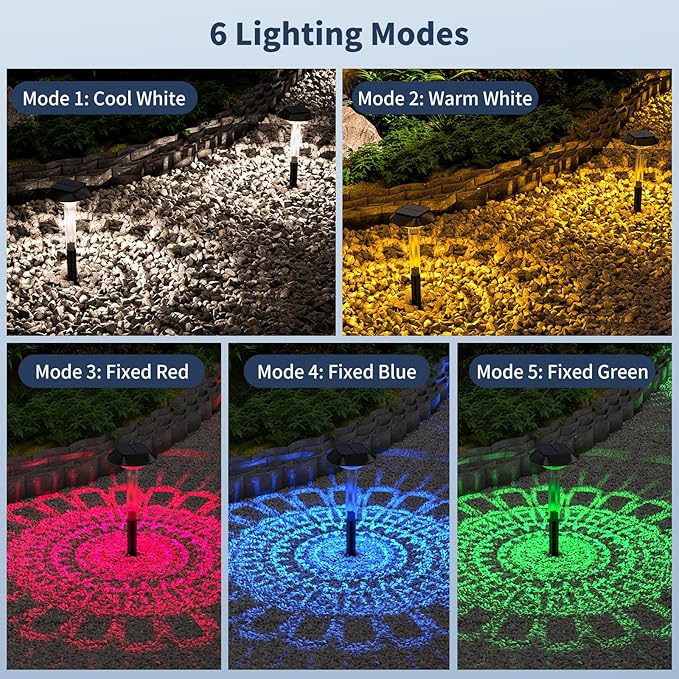 Solar Pathway Lights Outdoor 8 Pack, [6 Light Modes Cool White/Warm/ 3 Fixed Color/RGB Changing] LED Solar Lights Outdoor Waterproof IP65, Solar Garden Lights for Walkway Yard Backyard Lawn Landscape