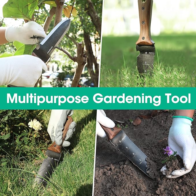 HAUSHOF Hori Hori Garden Knife, 7" Stainless Steel Black Stonewash Blade with Cutting Edge, Full-Tang Gardening Knife with Walnut Handle, Oxford Sheath, for Digging, Weeding, Planting