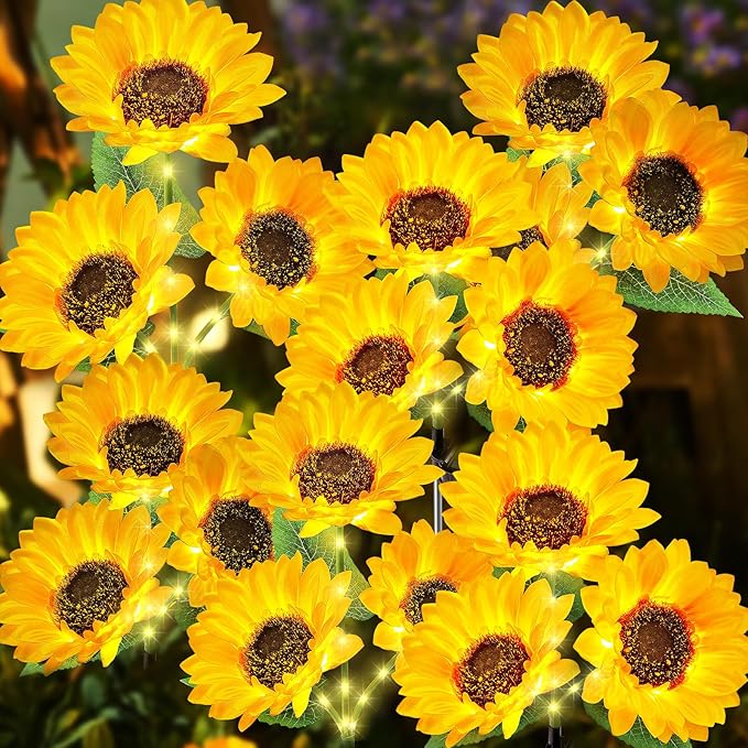 Solar Garden Lights for Outside, 2024 Upgraded Solar Outdoor Lights with 18 Beautiful & Realistic Sunflower Lights, Bright Waterproof Yard Lights for Patio Outdoor Garden Decor
