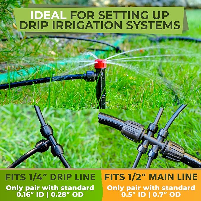 Carpathen Drip Irrigation Fittings Pack - Push-to-Connect Irrigation System Compatible - 3 x 4Way Coupler 1/2" to 1/4", 3 x 3 Way Tee T Shape Barbed 1/4 Drip Tubing Splitter, 5 x 1/4 End Plugs
