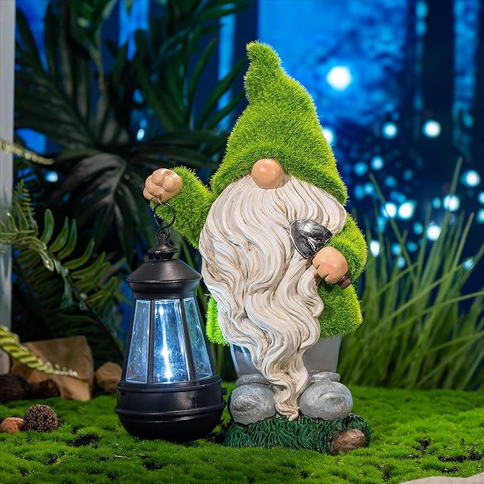 TERESA'S COLLECTIONS Christmas Outdoor Statue for Home, Resin Gnome Decorations with Solar Outdoor Lights for Garden Decor,Green Garden Sculptures & Statues for Front Patio Lawn, Gifts for Mom,12"