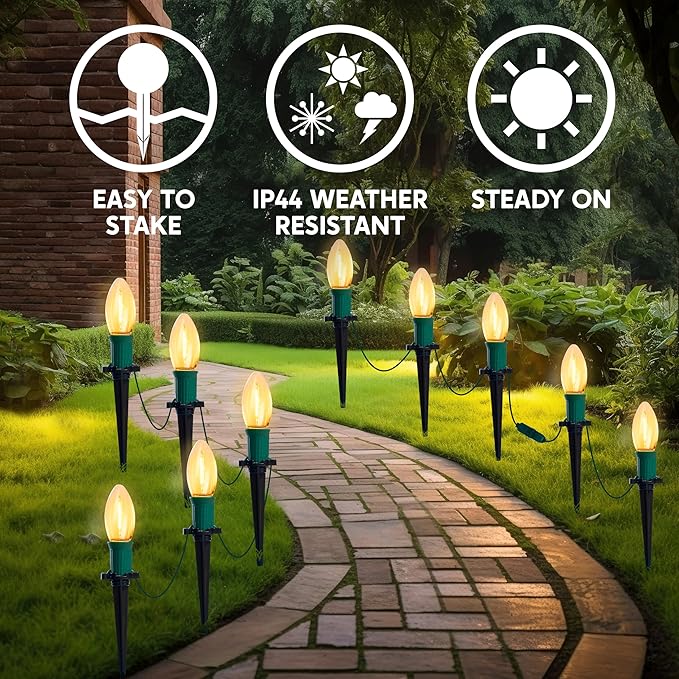 Joiedomi 30.75FT C9 Christmas Pathway Stake Lights 24 LED Jumbo Bulbs, Warm White Outdoor Walkway Decor with Green Wire Connectable for Holiday Commercial Xmas Yard Garden Lawn