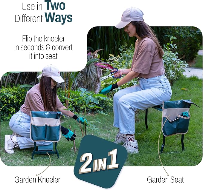 Garden Seat and Kneeler - Portable EVS Cushion Gardening Kneeling Pad 2X Gloves 1x Pouch - Soft, Wide, Comfortable and Heavy Duty Gardening Stool, Gardening Gifts for Parents and Loved Ones