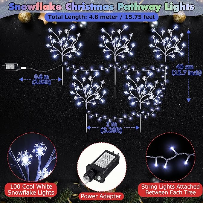 Enhon 5 Pack Snowflake Christmas Pathway Lights, 180 LED Garden Stake Lights with 8 Light Modes and Timer Function, Waterproof Xmas Decoration Tree Light for Outdoor Yard Lawn Patio Decor (Cool White)
