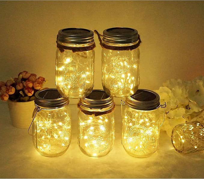 Solar Mason Jar Lid Lights, 10 Pack 30 LED Waterproof Firefly Fairy Lights with Hangers(No Jars), Outdoor Starry String Lights for Patio Yard Garden Wedding Lantern Decor (Warm White)
