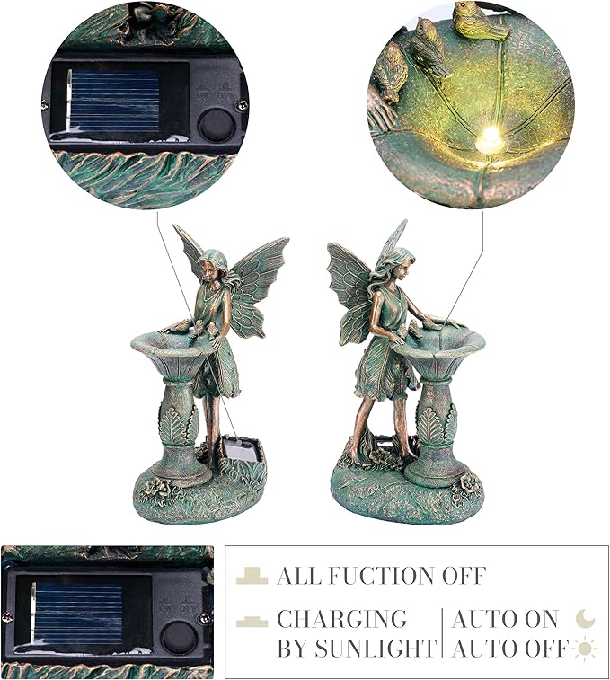 TERESA'S COLLECTIONS Fairy Garden Statues with Solar Outdoor Light for Outdoor Decor, Bronze Fairy Resin Garden Sculptures & Statues for Garden Decor, Yard Art for Lawn Housewarming Gifts for Mom 9.4"