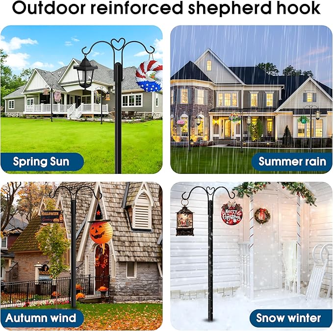 Ottsuls Bird Feeder Pole, 2 Pack 60 INCH Double Shepherds Hooks for Outdoor, with 5 Base Prongs Heavy Duty Tall Garden Planter Hooks for Hanging Flower Basket, Lantern, Hummingbird Feeder