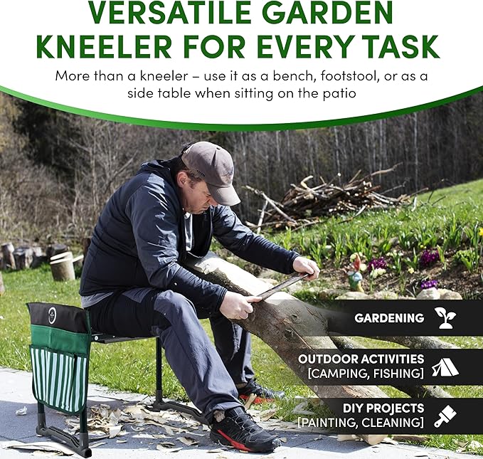 Garden Kneeler Seat Bench-Foldable-Saves Your Back and Knees! Extras Included-SunShade Umbrella (Patented), Wide EVA Foam Pad (10.2"), Folding Table, Potting Mat. Great gift for Everyone, Seniors.
