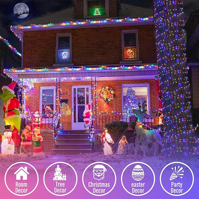 JMEXSUSS Multicolor Christmas Tree Lights Indoor Outdoor, 200 LED Clear Wire, 66ft Colorful Plug-in for Bedroom Room Party Xmas Decorations