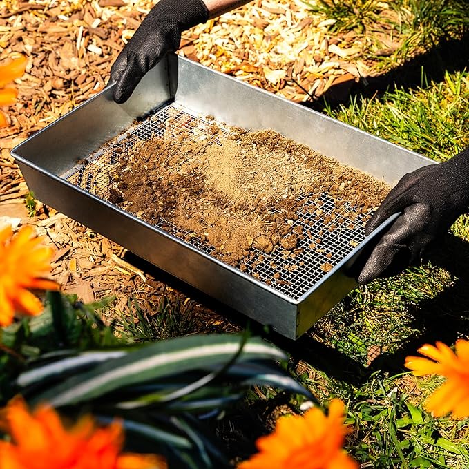 Large Soil Sifter, 17.5 x 11.5 Inch Size with 1/4 Inch Mesh, Includes Work Gloves