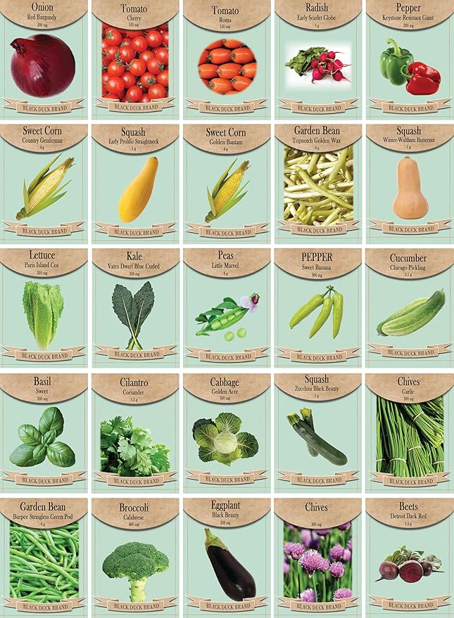 Set of 25 Premium Vegetable & Herb Seeds - 25 Deluxe Variety Premium Vegetable & Herb Garden 100% Non-GMO Heirloom