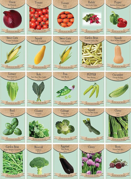 Set of 25 Premium Vegetable & Herb Seeds - 25 Deluxe Variety Premium Vegetable & Herb Garden 100% Non-GMO Heirloom