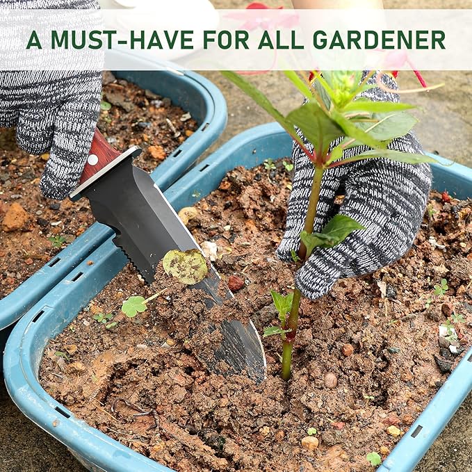 Hori Hori Garden Knife, Garden Tools with Sheath for Planting,Weeding,Digging, 7" Stainless Steel Soil Knife with Cutting Edge, Full Tang Wood Handle with Hanging Hole