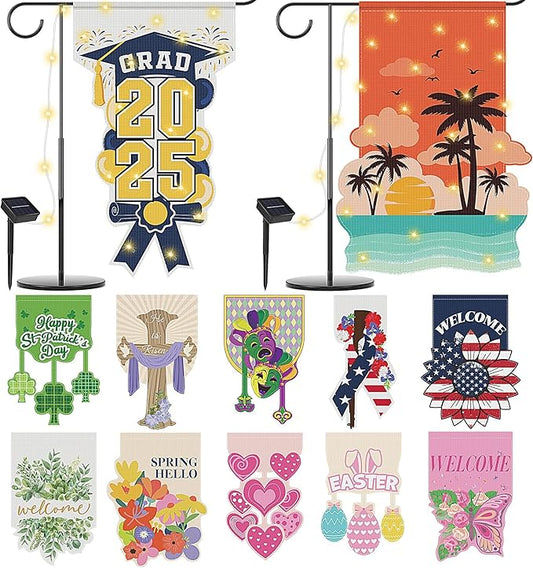 12 Set Seasonal Garden Flags 8 Modes Solar LED Double Sided 12 x 18 Inch Small Yard Flag Outdoor Lighted Spring Summer Easter Graduation Memorial Day Garden Decor for All Seasons, 12 Styles