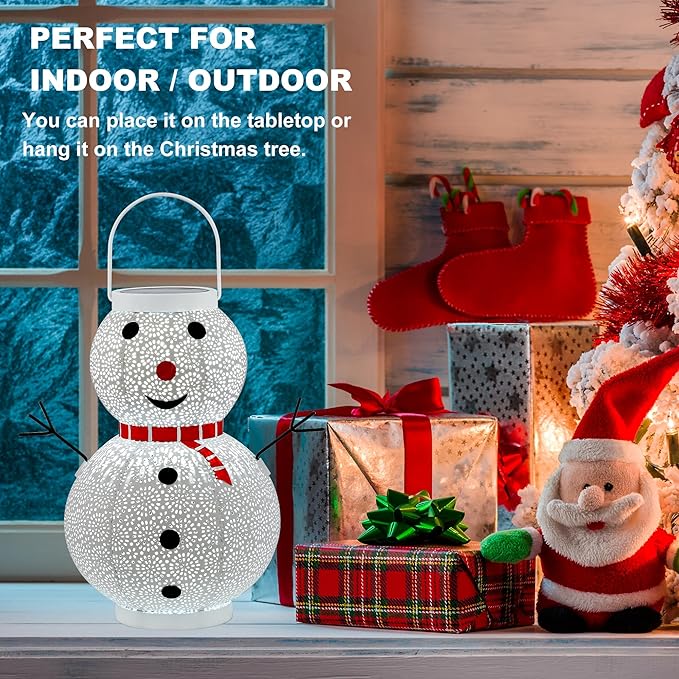Christmas Decorations Snowman Solar Lantern - Snowman Solar Hanging Lantern Outdoor Waterproof , Metal Standing Solar Powered LED Lantern Decorative Lights for Outside Garden Yard Porch - White