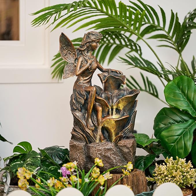 TERESA'S COLLECTIONS Water Fountain Outdoor Fairy Garden Statues with LED Lights and Pump, Large Floor Waterfall Backyard Water Fountains Porch Living Room Home Decor, Housewarming Gifts for Mom 19.3"