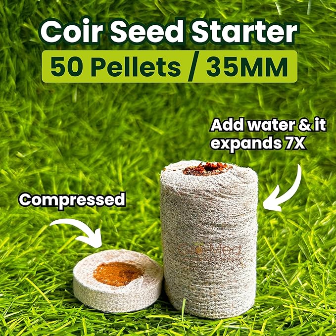 Gro-Med Organic Coco Coir Seed Starter Pellets NPK Enriched 50 Pcs, 35mm Perfect to Grow Herbs, Vegetables, Flowers,Fruits Seedlings, Compressed Coconut Coir Soil Plugs - Easy to Transplant in Pot