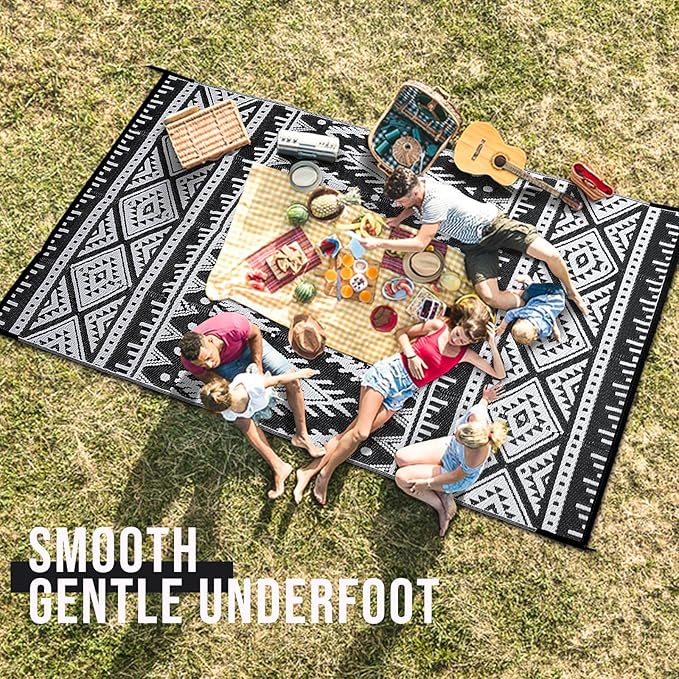 OLANLY Outdoor Rug Waterproof 9x18 ft, Reversible Outdoor Plastic Straw Rug, Boho Patio Rug, Indoor Outdoor Carpet, RV Mat Outside for Patio, Camp, Picnic, Balcony, Deck, Backyard, Black & White