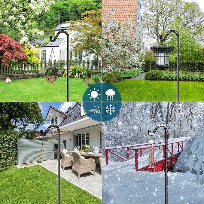 Gtongoko Adjustable Shepherds Hooks for Outdoor 76 Inch Bird Feeder Pole with 7 Prongs Base, 5/8 Inch Thick Heavy Duty for Hanging Bird Feeder, Plant Baskets,1 Pack