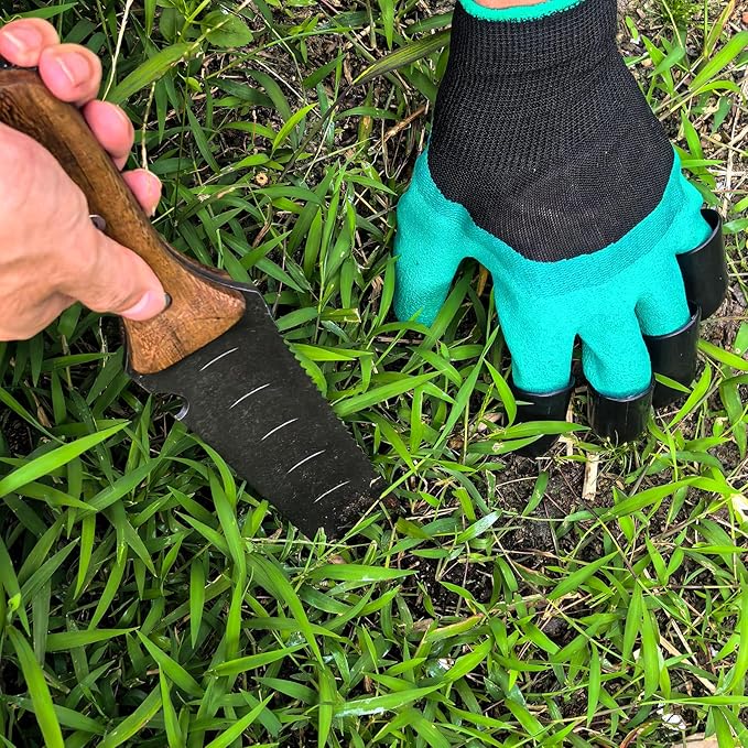 Garden Tool Set, Hori Hori Garden Knife, Weeding Knife Serrated Cutting Edge, Marks for Measuring Planting Depth, Gardening Gloves with Claws, Garden Gloves for Weeding, Planting, Digging