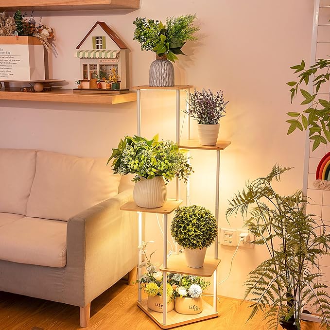 Dreyoo Plant Stand with Grow Light Indoor, 5 Tier 5 Potted Sturdy Metal Plant Shelf, Multiple Plant Holder Tall Plant Ladder for Display Plant Flower Corner Living Room Office (White, Wood Color)
