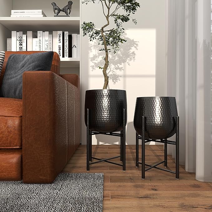 CosmoLiving by Cosmopolitan Metal Indoor Outdoor Planter Large Planter Pot with Removable Stand, Set of 2 Planters 19", 17"H, Black