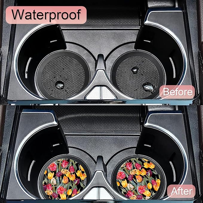 Colorful Tulips Flower Car Coasters,Ceramic Absorbent Cup Holders with Finger Notch & Cork Base Car Assecories for Women/Men 2.6"(2 Pieces)