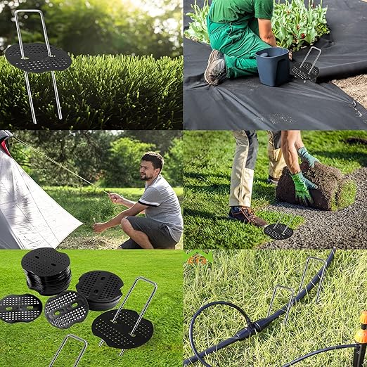 Finderomend 100 Pack Landscape Staples and 100 Pack Gaskets,6" Galvanized Steel Garden Staples 11 Gauge with Black Pads,Landscape Pins Turf Staples for Securing Weed Barrier Fabric Artificial Grass