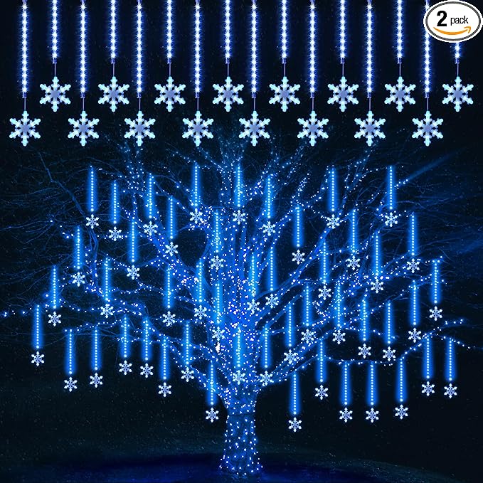 Enhon 2 Pack Meteor Shower Snowflake Lights Outdoor with Timer, Total 480 LED 12in 16 Tube Connectable Waterproof Meteor Rain Drop Christmas Light with Snowflake for Xmas Tree Roof Garden(Blue)