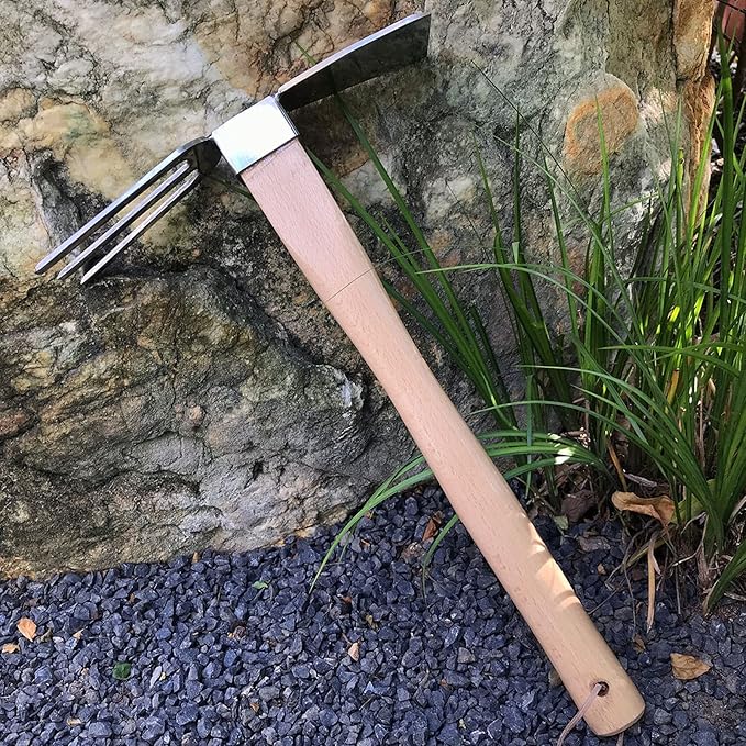 Fdit Stainless Steel Garden Hoe Rake Hand Tool, Simple Practical Fine Workmanship Beech Handle Small Hoe Gardening Tool for Weeding, Digging, Seeding