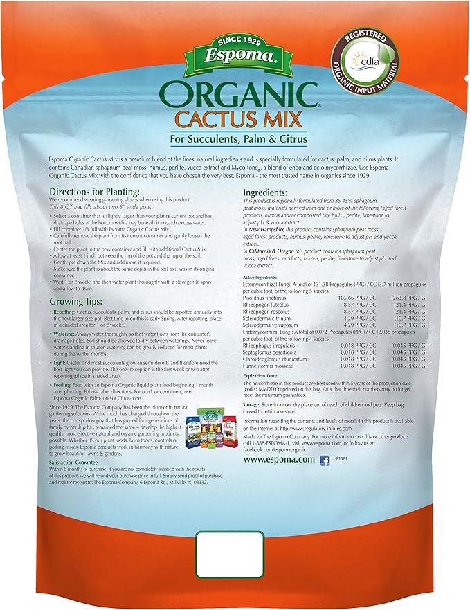 Espoma Organic Cactus Potting Soil Mix, Natural & Organic Soil for Cactus, Succulent, Palm, and Citrus Grown in containers Both Indoors and Outdoors, 4 qt, Pack of 1