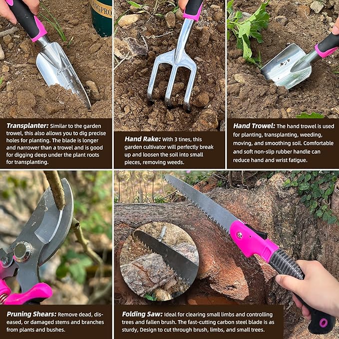 Garden Tool Set,5-Piece Aluminum Lightweight Gardening Kit with Folding Saw, Trowel, Transplanter, Hand Rake, Pink Gardening Gifts for Women,Heavy Duty Gardening Tools with Ergonomic Handle