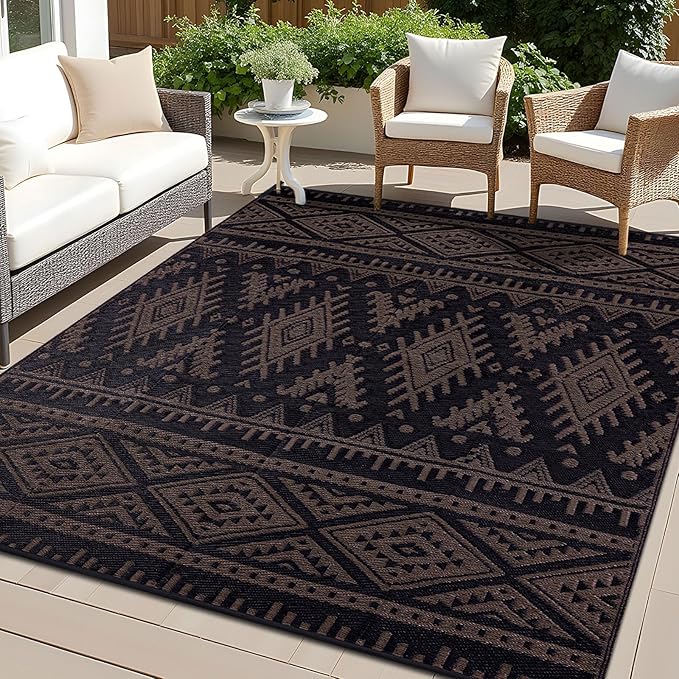 OLANLY Outdoor Rug Waterproof 9x18 ft, Reversible Outdoor Plastic Straw Rug, Boho Patio Rug, Indoor Outdoor Carpet, RV Mat Outside for Patio, Camp, Picnic, Balcony, Deck, Backyard, Black & Brown